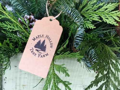 A tag from Maple Hollow Tree Farm hangs among evergreen branches and pinecones.