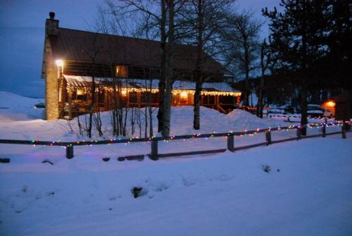 A cozy cabin adorned with colorful lights, surrounded by snow and trees, under a twilight sky.