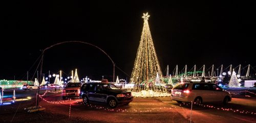 Cars are parked in a festive area with a large illuminated Christmas tree and colorful lights at night.