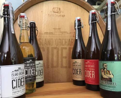 Bottles of Island Orchard cider in various flavors displayed in front of a wooden barrel with the brand logo.