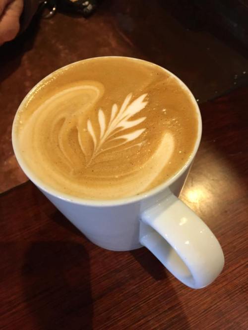 A close-up of a latte in a white mug, featuring intricate leaf latte art on a creamy surface.