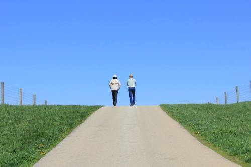 Two people walking away on a gravel path, surrounded by green grass and a clear blue sky.