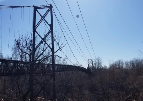 A suspension bridge spans a wooded area under a clear blue sky, with power lines running overhead.