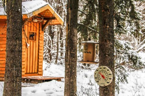 A wooden cabin in a snowy forest, with a bird feeder and thermometer on a tree nearby.