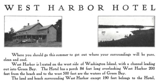 Image of the West Harbor Hotel with text describing its location, features, and nearby attractions.