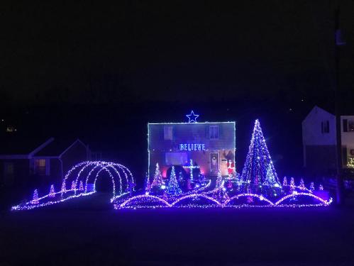 A house decorated with vibrant blue and purple Christmas lights, featuring a large tree and festive displays.