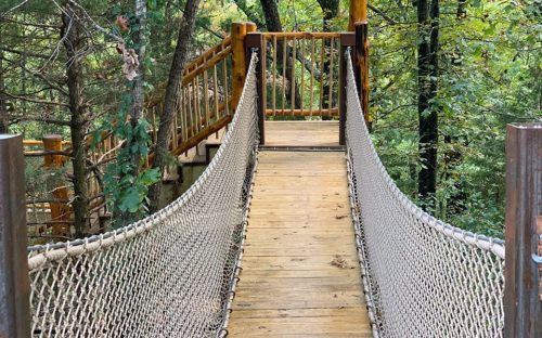 A wooden suspension bridge with rope sides, surrounded by lush green trees in a forest setting.
