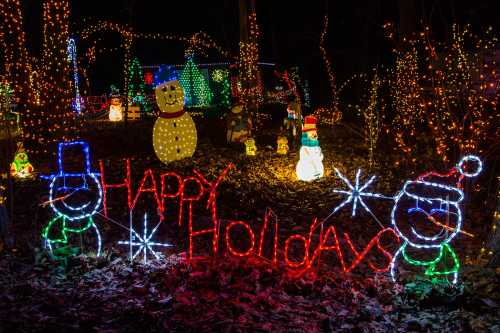 Colorful holiday lights display featuring snowmen, trees, and "Happy Holidays" sign in a festive outdoor setting.