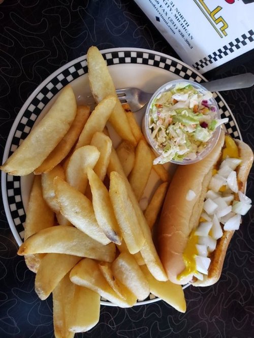A plate with a hot dog topped with onions, a side of coleslaw, and golden fries on a checkered plate.