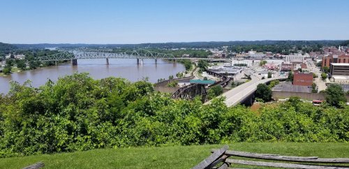 A scenic view of a river, bridges, and a city skyline surrounded by greenery on a clear day.