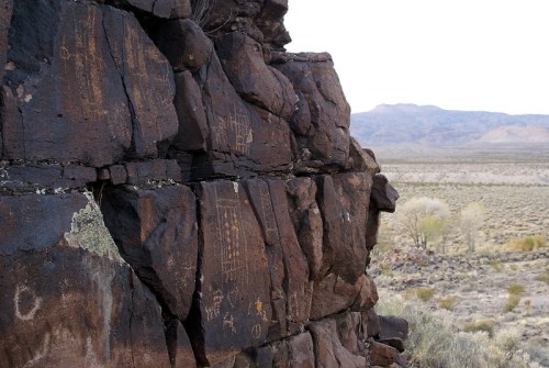 Petroglyphs carved into dark rock, with a desert landscape and distant mountains in the background.