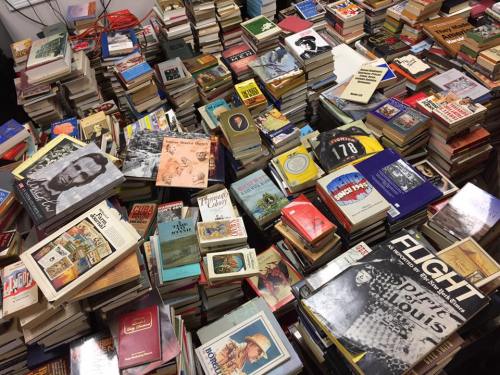 A chaotic pile of books stacked haphazardly across a surface, showcasing various genres and covers.
