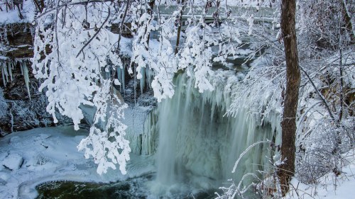 A frozen waterfall surrounded by snow-covered trees and icicles, creating a serene winter landscape.
