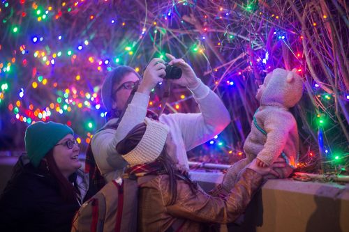 A family enjoys holiday lights, with one adult taking a photo while others admire the display and a child looks up in awe.