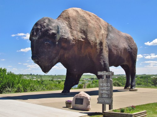 A large statue of a buffalo stands prominently against a blue sky, with a sign reading "World's Largest Buffalo 1959."