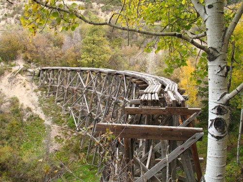 A weathered wooden bridge curves over a lush, green landscape, surrounded by trees and autumn foliage.