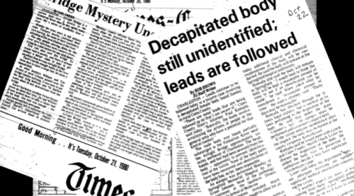Collage of newspaper clippings reporting on a decapitated body and ongoing investigation, dated October 1980.