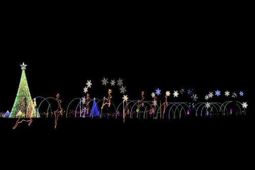 A colorful display of holiday lights featuring a large tree, snowflakes, and festive shapes against a dark background.