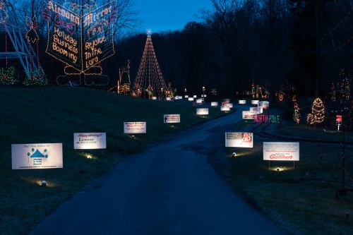 A festive pathway lined with colorful holiday lights and illuminated signs, leading to a decorated tree in the distance.
