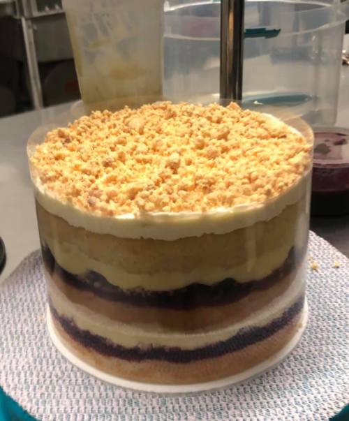 A layered cake in a clear container, featuring cream, fruit filling, and a crumb topping.