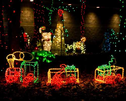 Colorful holiday lights display featuring reindeer, a tree, and other festive decorations against a dark background.