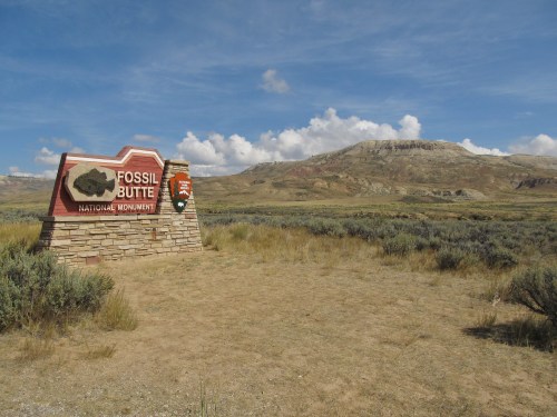 Sign for Fossil Butte National Monument with a mountainous landscape and blue sky in the background.