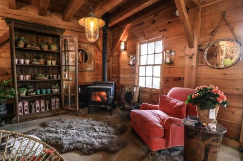Cozy wooden interior with a pink armchair, a fireplace, plants on shelves, and warm lighting.