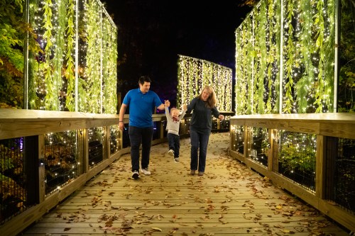 A family walks hand-in-hand on a lit bridge surrounded by greenery and autumn leaves.