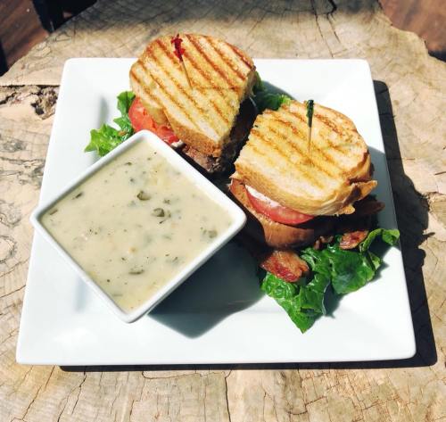 A plate with two grilled sandwiches on lettuce and a bowl of creamy soup, set on a wooden table.