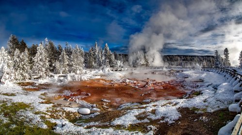 A snowy landscape with a geothermal hot spring, steam rising amidst trees, under a blue sky with scattered clouds.