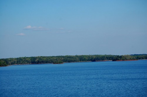 A serene view of a calm blue lake surrounded by lush green trees under a clear blue sky.