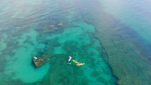 Aerial view of clear turquoise water with kayakers and a sunken ship visible beneath the surface.