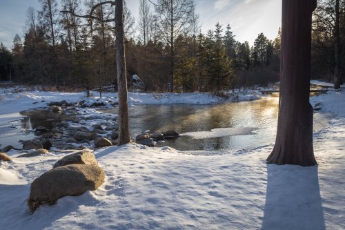 A serene winter landscape featuring a snowy riverbank, rocks, and trees under a clear sky.