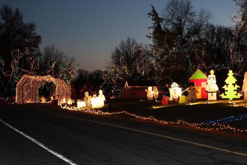 A festive display of holiday lights and decorations along a road, featuring various illuminated figures and trees.