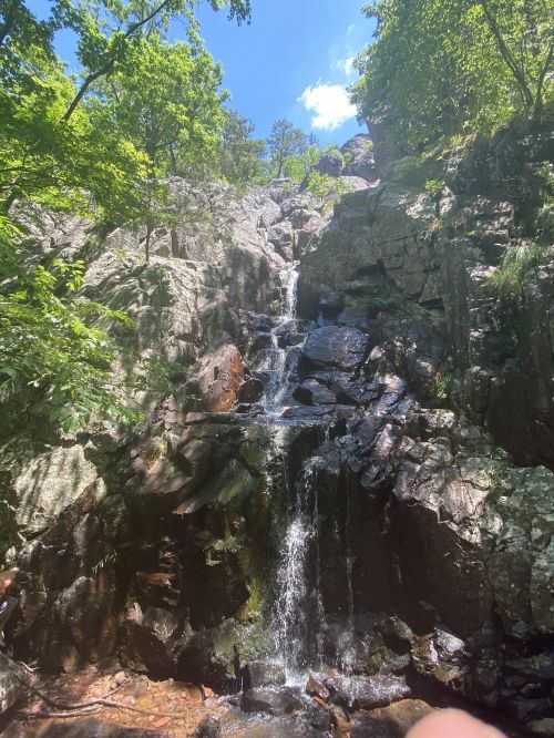 A serene waterfall cascading over rocky terrain, surrounded by lush green trees under a bright blue sky.