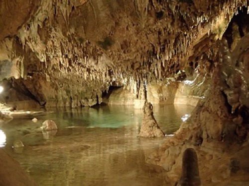 A serene underground cave with stalactites, reflecting water, and soft lighting illuminating the rocky formations.