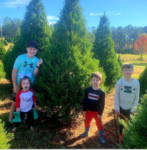 Four children stand among Christmas trees, smiling and posing for the camera on a sunny day.