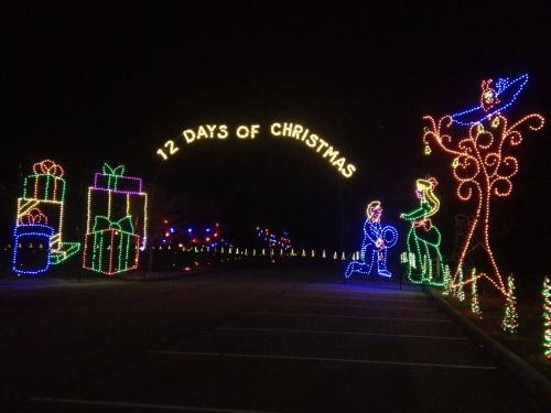 Colorful Christmas lights display featuring "12 Days of Christmas" arch, gifts, and festive characters at night.