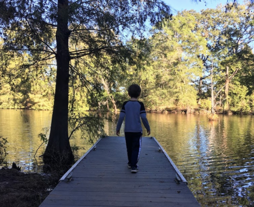 A child walks along a wooden dock by a calm lake surrounded by trees under a clear blue sky.