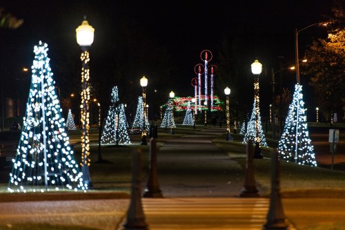 A nighttime scene of a park pathway lined with illuminated trees and festive lights, creating a cheerful atmosphere.