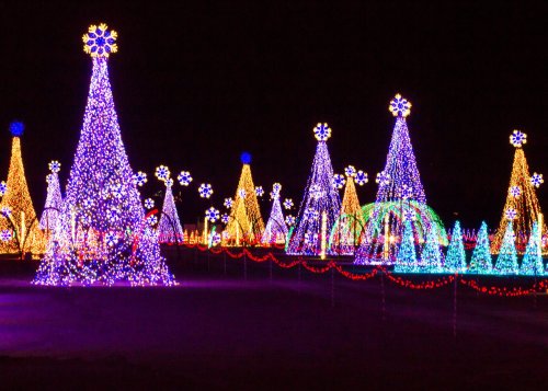 Colorful illuminated Christmas trees and decorations glowing in a dark night sky.