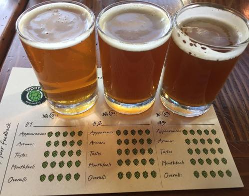 Three glasses of beer on a wooden table, accompanied by a tasting feedback sheet with notes on appearance, aroma, taste, and mouthfeel.