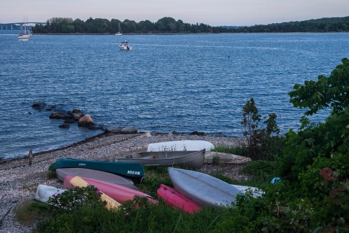 Boats on a rocky shore with calm water and distant sailboats under a clear sky. Green foliage in the foreground.
