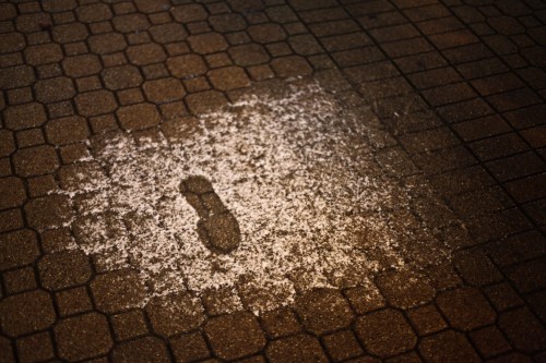 A wet footprint on a textured stone pavement, surrounded by dry areas.