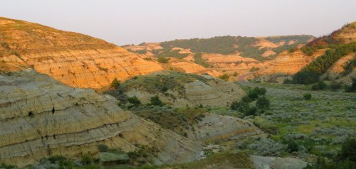 A scenic view of layered hills and a winding road, bathed in warm light, surrounded by greenery and sparse vegetation.