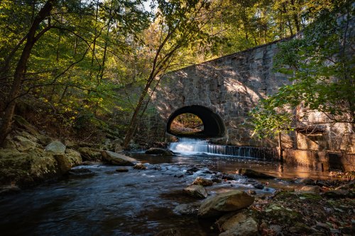 A serene stream flows under a stone arch bridge, surrounded by lush greenery and dappled sunlight.