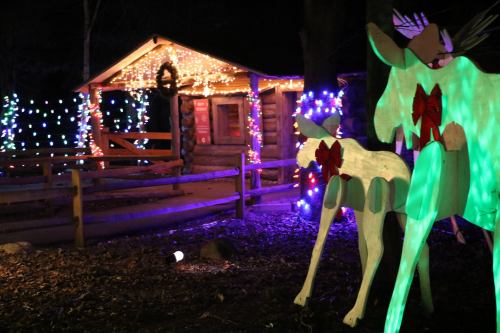 A cozy cabin decorated with colorful holiday lights, featuring wooden reindeer in the foreground.