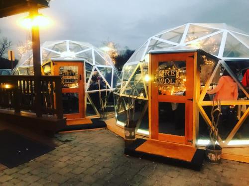 Two illuminated geodesic domes with wooden doors, set in a cozy outdoor dining area at dusk.