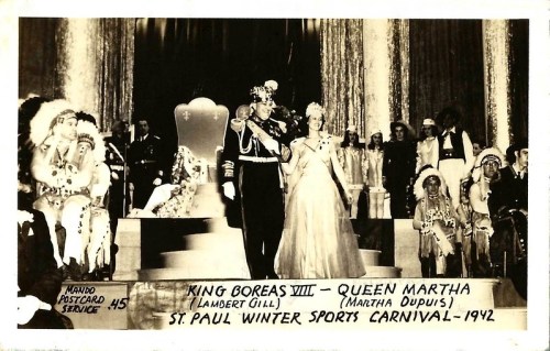 A vintage photo of King Boreas VIII and Queen Martha on stage at the 1942 St. Paul Winter Sports Carnival.