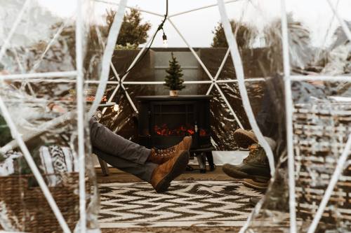 Two pairs of boots relax inside a cozy geodesic dome, with a small tree and a heater in the background.